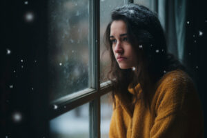 Girl is sitting next to a window, looking out as the snow falls.She is feeling seasonal mood changes and wants to improve her overall wellness.